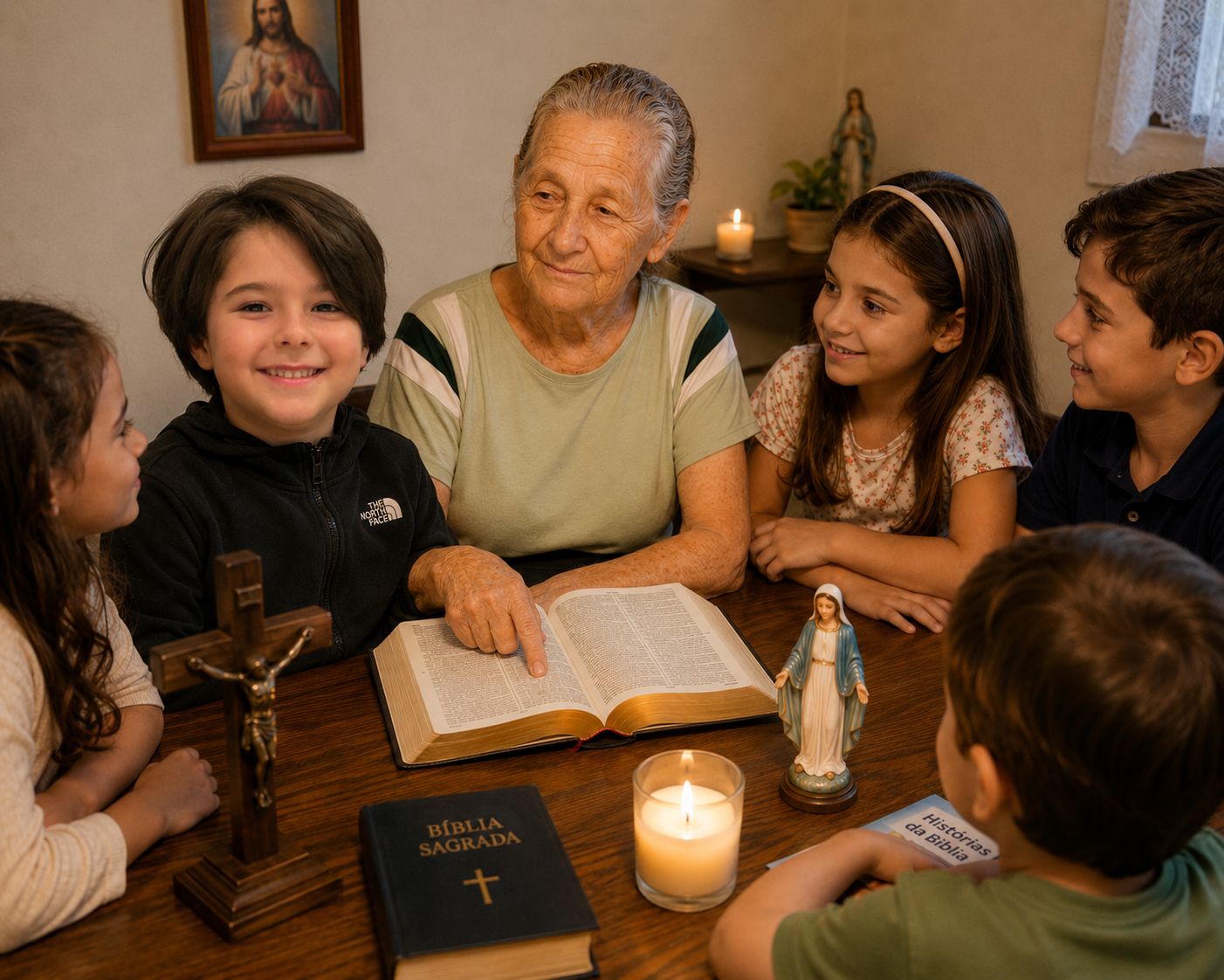 Dona Cila ensinando as crianças com a Bíblia aberta