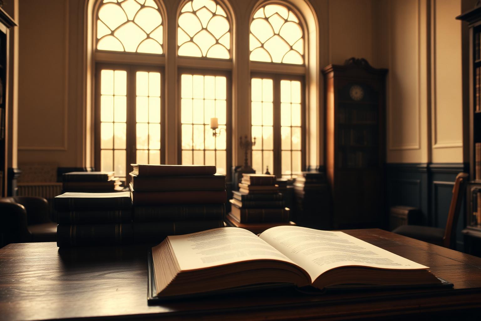 Estudo clássico com livros e luz dourada